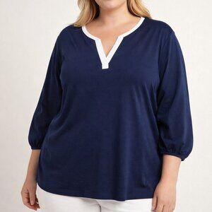 Lauren Ralph Lauren 3X Plus Navy Cotton Modal V Neck 3/4 Sleeve Top NWT